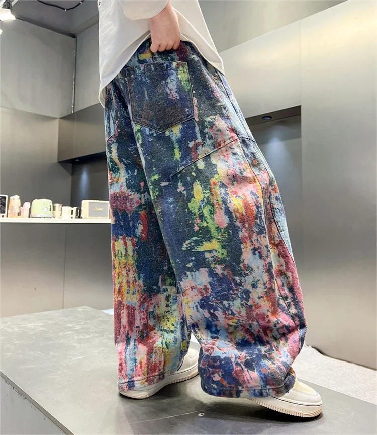 Street-Style Kinder Baggy Jeans mit Malerei für Jungen, Modische Hip-Hop Bedruckte Öl-Denim-Hosen, Teenager Kinder Streetwear Jeans Hosen – Detail 7