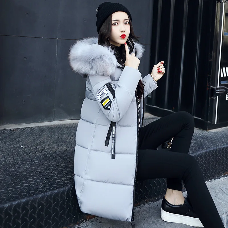 Women's Fur collar Hooded Coats Parka Fashion Letter Patch Zipper Design Long Jacket Elegant Warm Thick Outwear Lady Winter 2025