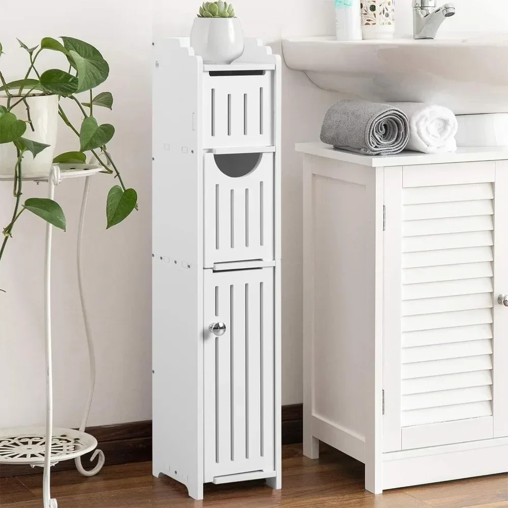 Narrow Storage Shelf Bathroom Toilet Paper Holder Stand Free-Standing Roll Holder 3 Tier Floor Cabinet With Door Storage Cabinet