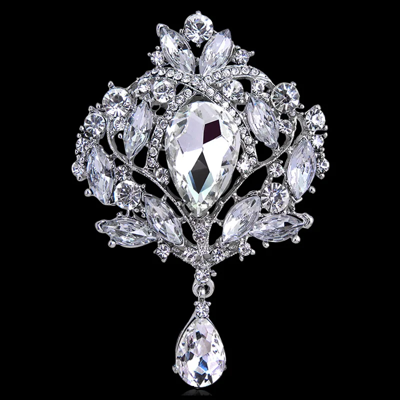 High-end elegant shiny big crystal teardrop brooch crown romantic wedding party pin jewelry gift for friends