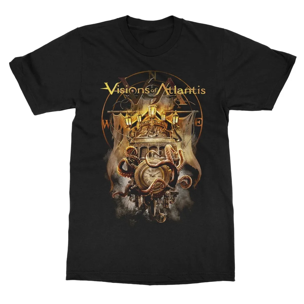 Visions of Atlantis Graphic T Shirt, Front Giant Octopus Wrecking Ancient Sailing Ship Dark Caribbean Sea Sketch Art Print T