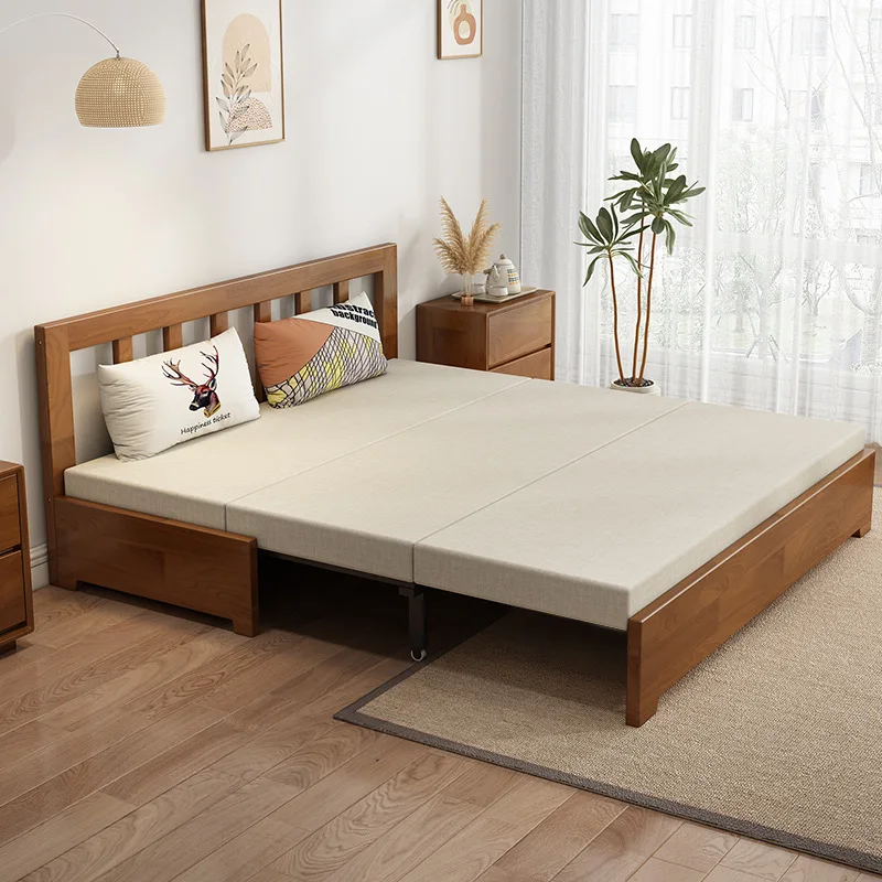 Sofa bed, folding dual-purpose living room balcony, multi-functional telescopic pull-out bed, small apartment, solid wood single