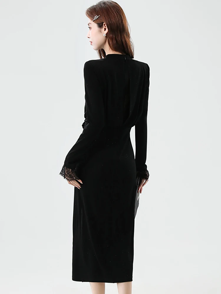 2025 negro de manga larga Chic diamantes plisado ceñido vestido largo mujeres Vintage Hepburn ropa de graduación Otoño Invierno Vestidos elegantes