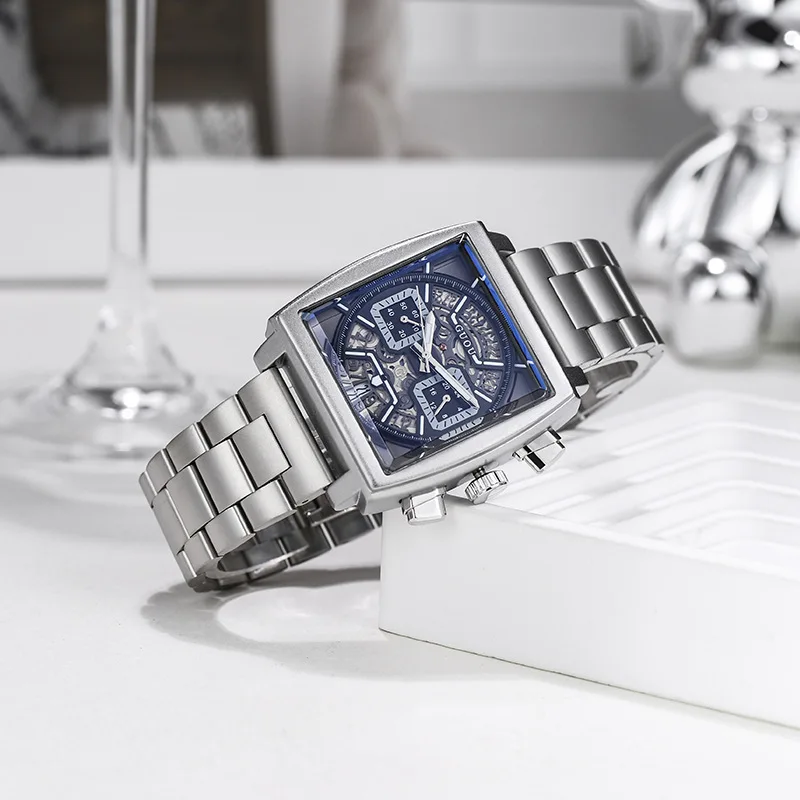 2026 New Men'S Square Multifunctional Quartz Watch, Sporty Style, Stainless Steel Strap, Calendar, High-End Men'S Watch
