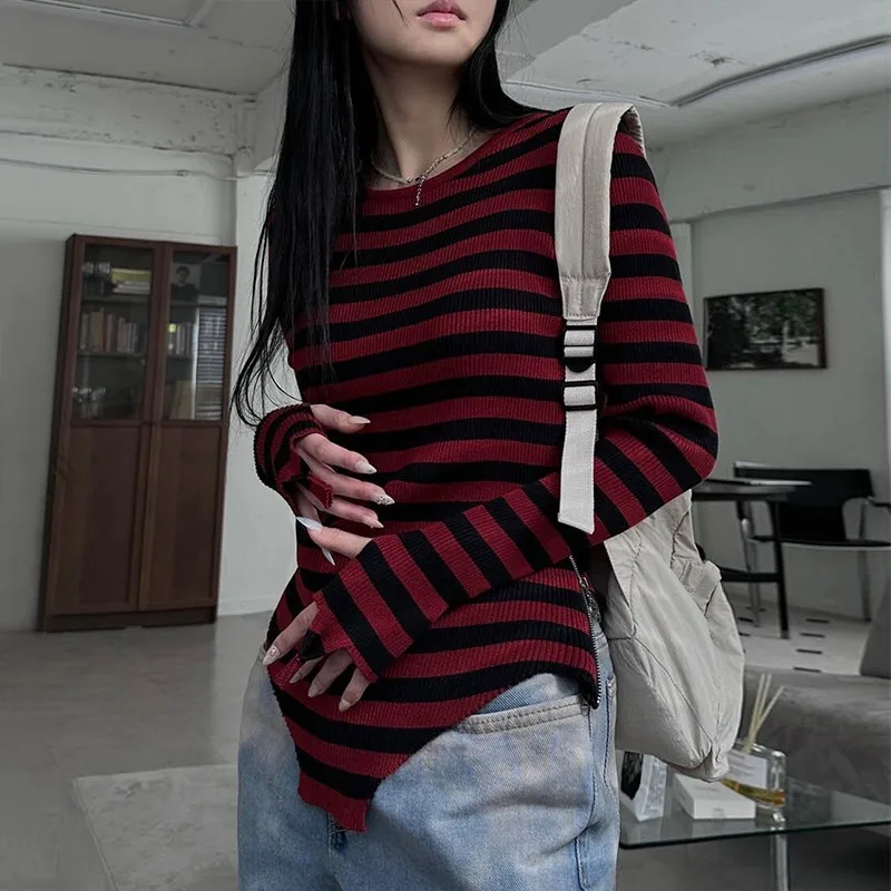 Karrcat Grunge Aesthetics Knitted Tops Vintage Irregular Ribbed T-shirt Gothic Red Stripes Long Sleeve Tshirt Punk Alt Knitwear