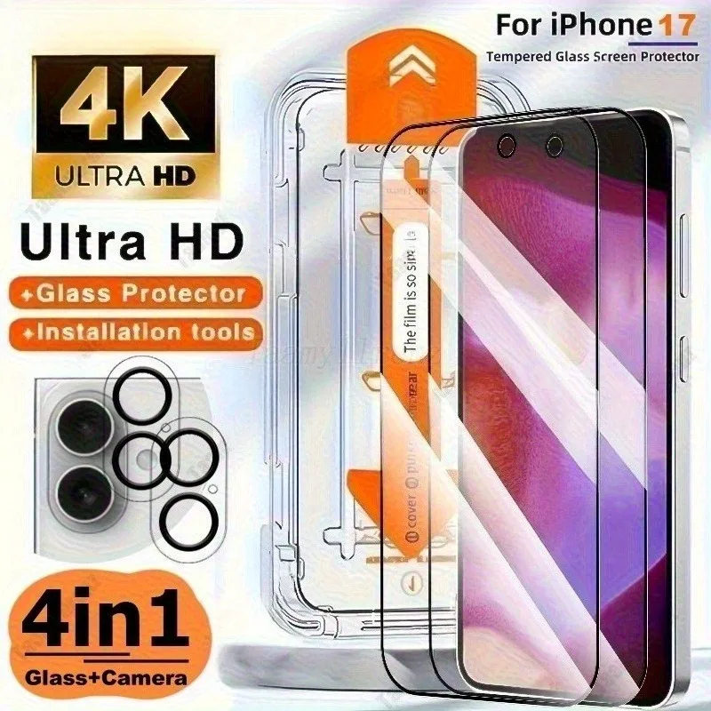 4 في 1 زجاج مقسى فائق الدقة لهاتف آيفون 17 16 برو ماكس 16e 15 14Plus 13 12 Mini 11 Pro مع 2 قطعة زجاج واقي عدسة الكاميرا
