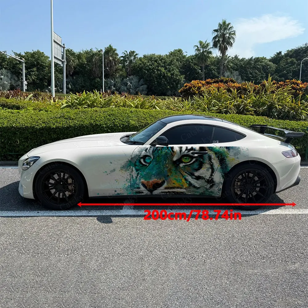 2pcs Teal Splash Fierce Tiger Car Side Wraps, Self-Adhesive PVC Waterproof & Scratch-Resistant Stickers, Car Accessory Gift