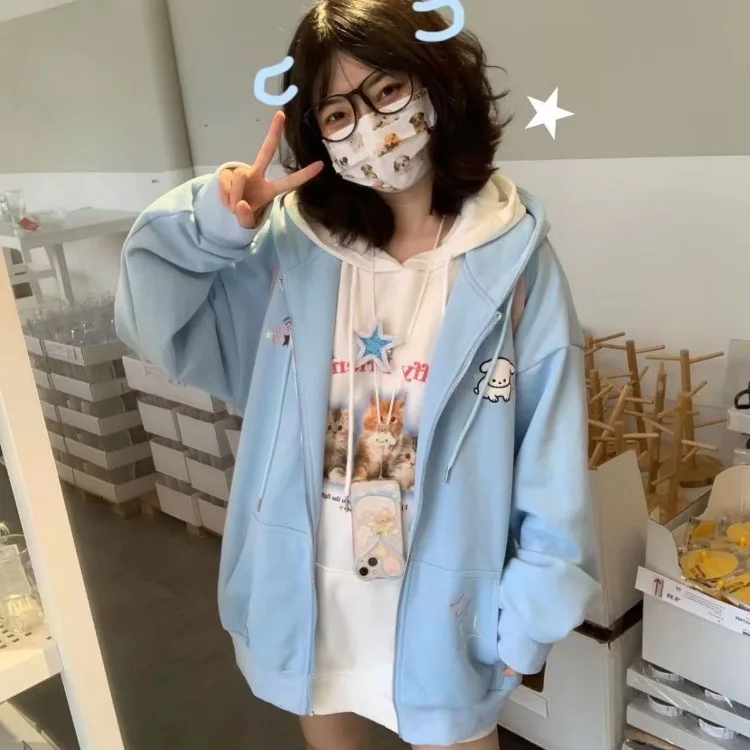 Japanese Cute Sweet Star Dog Embroidery Sweatshirts Autumn New Thicked Warm Tops Y2k Loose All-match Hoodie Coat Women