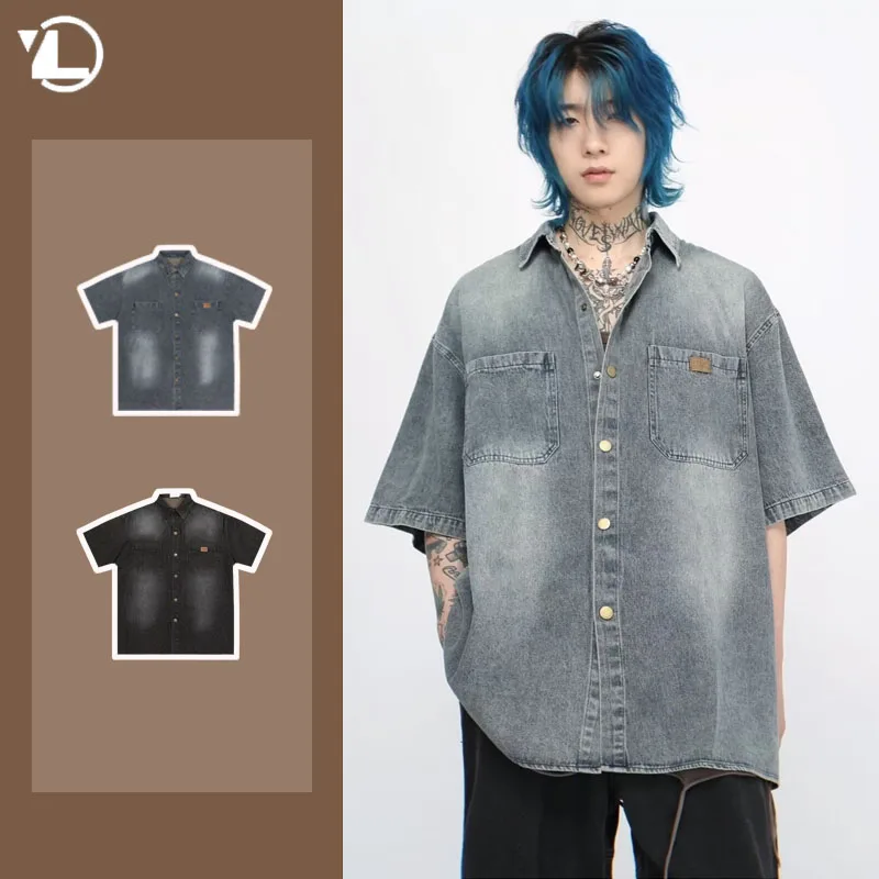 

Retro High Street Denim Shirt Mens Half Sleeve Mud Dyeing Casual Loose Washing Cowboy Tops American Street Summer Jackets Thin