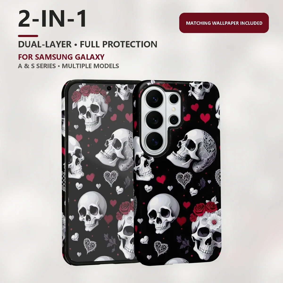 Skull With Roses 2-in-1 Dual-Layer Phone Case for Samsung Galaxy S26 S25 S24 S23 S22 S21 Plus Ultra FE S20 FE A56 A17 A16 A15