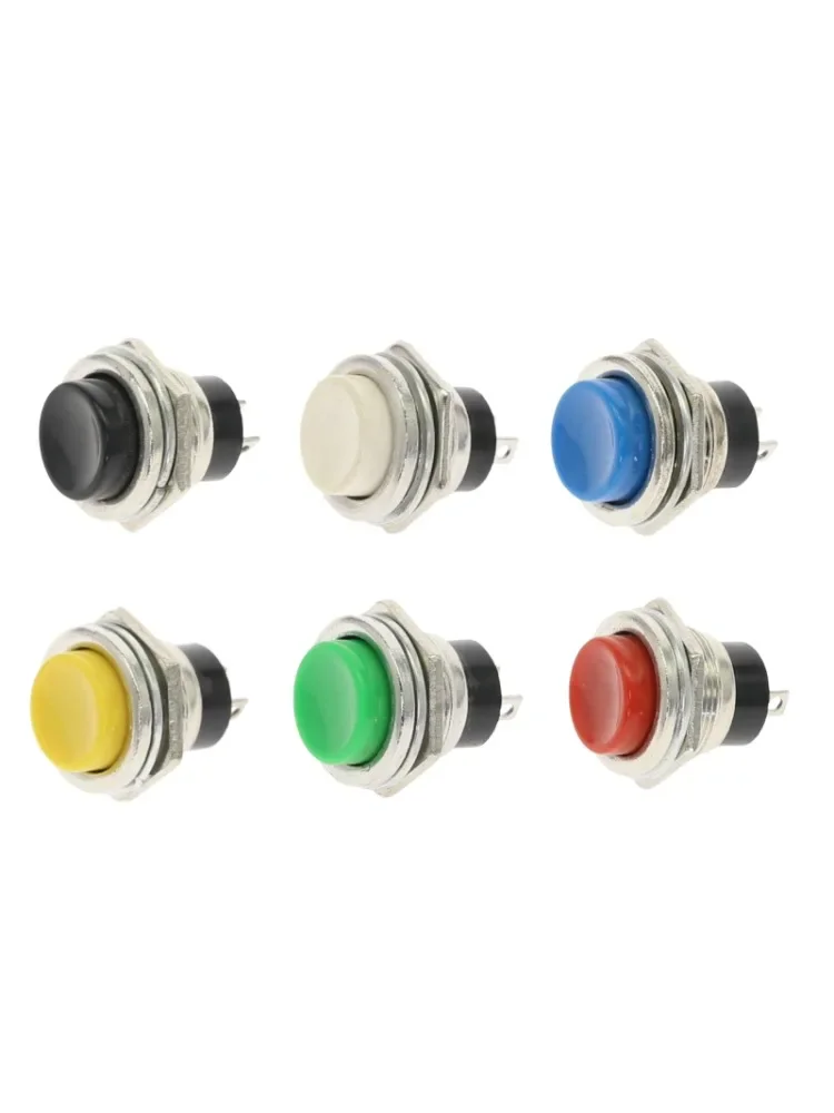 6 sztuk 16mm metalowy przełącznik wciskany OFF-(ON) chwilowy 3A 250VAC 6A 125VAC włączanie przyciskowe przełączniki 6 kolorów DS-212 samoresetowanie — zdjęcie 2
