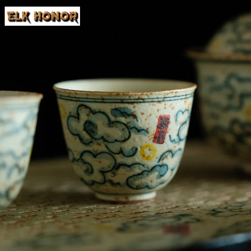 40ml Hand-painted Clouds Blue And White Flint Red Teacup Tea Bowl Tea Cup Tea-tasting Smelling Cup Jianzhan Master Cup Drinkware