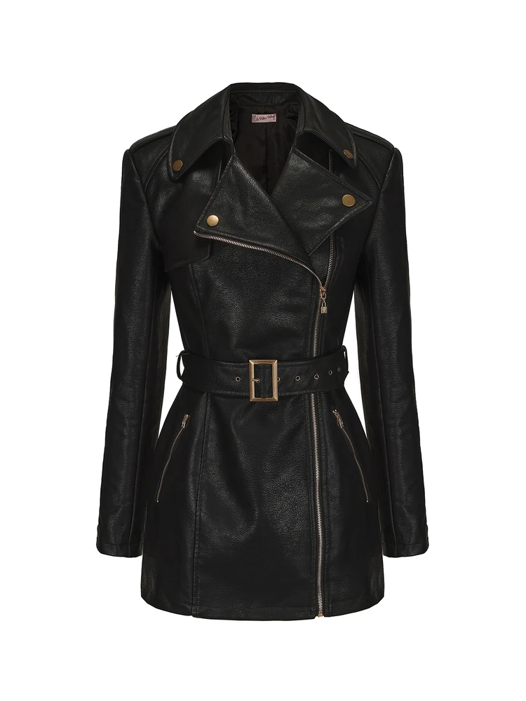 معطف Le Palais Vintage Original Retro Lady Sle Bla من الجلد الصناعي للدراجات النارية معطف طويل بقصة ضيقة ملابس خارجية نسائية Faion