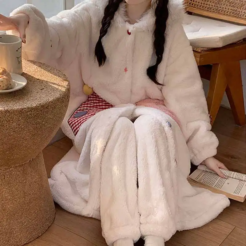 Camisón grueso y cálido con capucha de lana Coral de dibujos animados de Hello Kitty, ropa de moda para el hogar, pijamas para dormitorio de estudiantes, conjunto de regalos prácticos