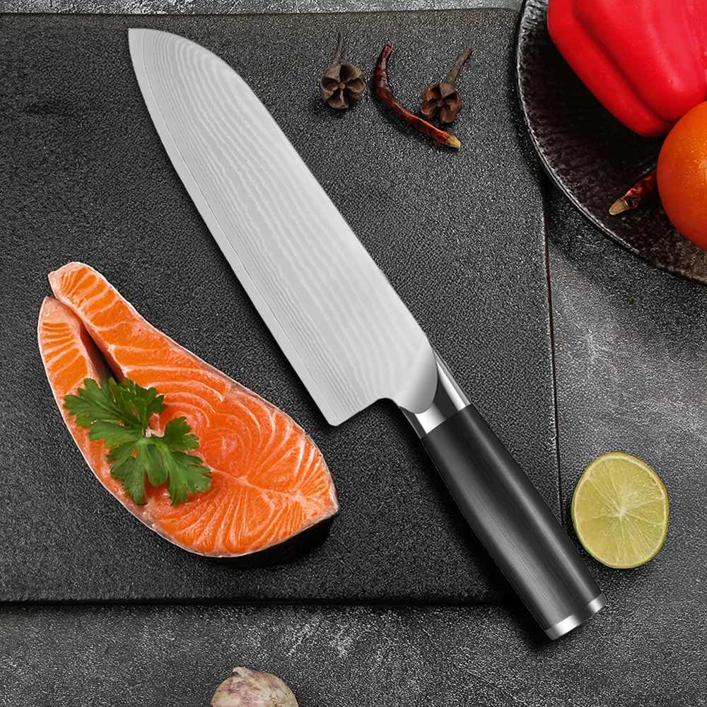 Santoku-Messer, ultrascharfes Kochmesser aus Damaststahl VG10, multifunktionales Profi-Küchenmesser zum Hacken von Fleisch und Fisch – Detail 1