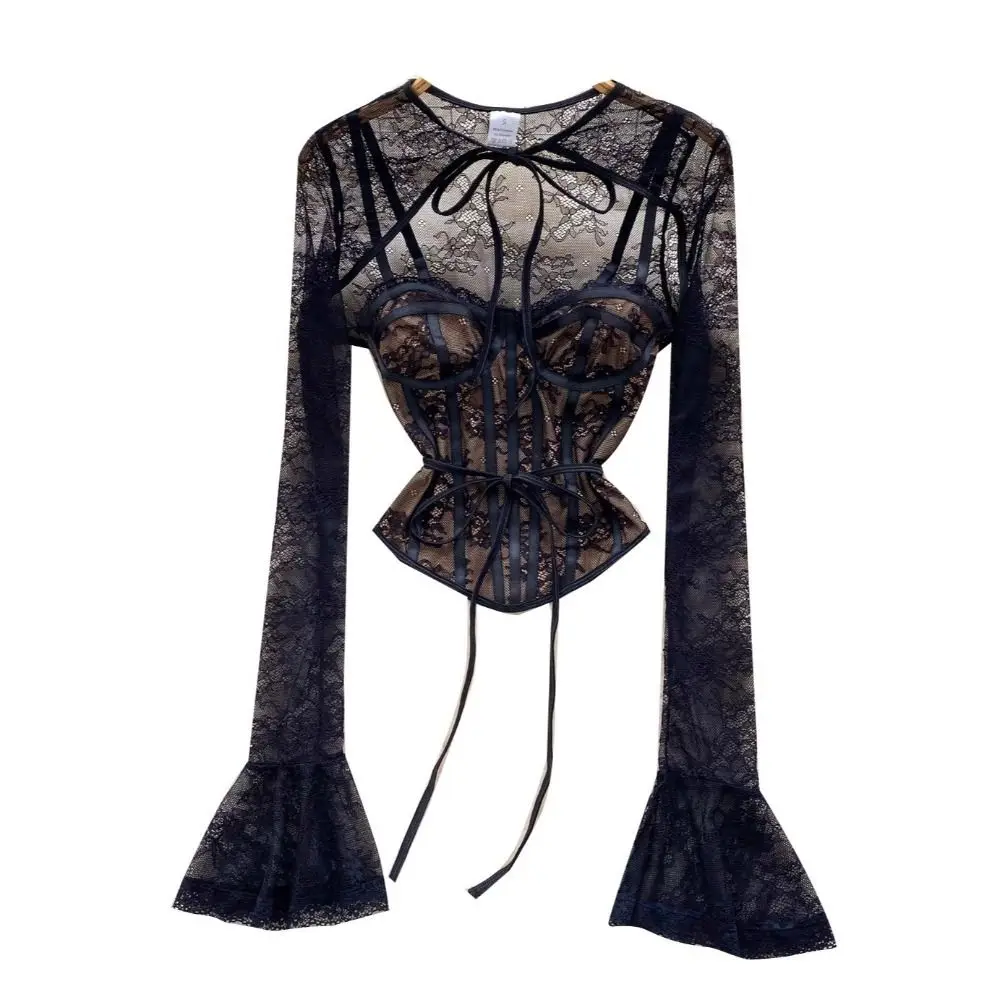 

Elegant Style Floral Print Lace Tops Hollow Out Fishbone Design Long Sleeve Tops Slim Fit Two Piece Sets Body Shirt Party Wear