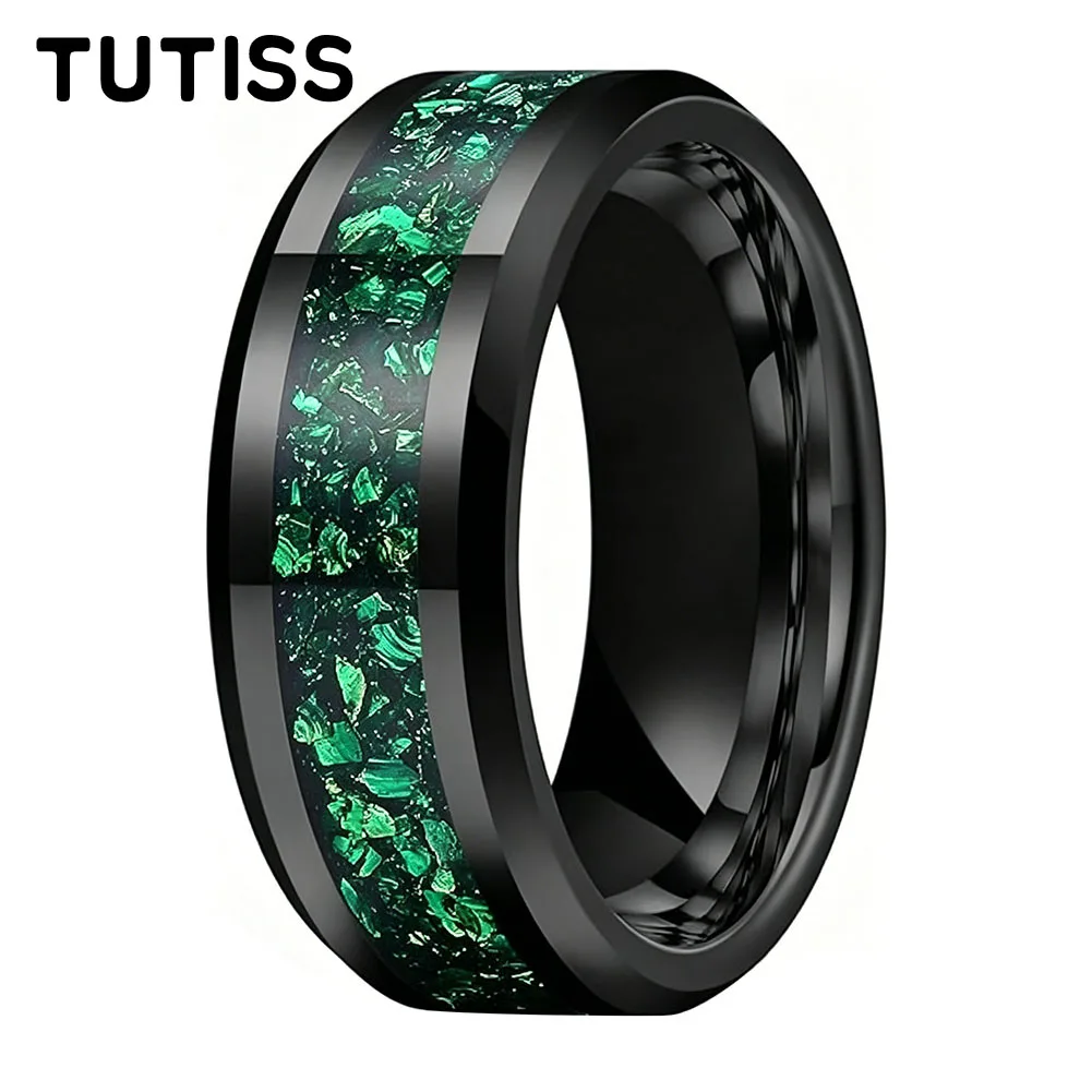 

TUTISS 6/8mm Tungsten Carbide Ring for Men, Green Glass Stone Inlay Beveled Edge Polished Wedding Band Engagement Promise Ring