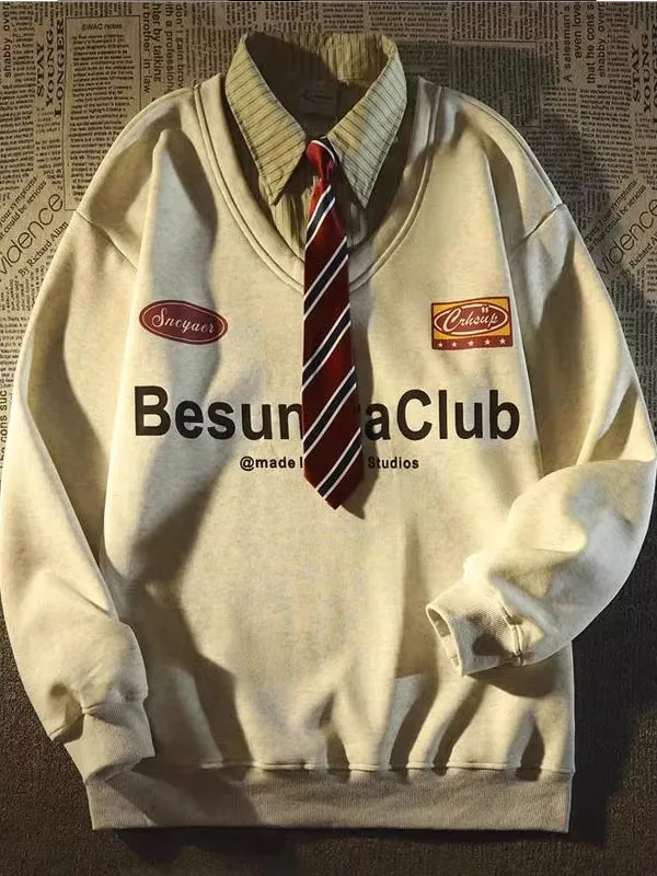 

Мужская толстовка свободного кроя с длинным рукавом, имитация двухслойности, весенне-осенняя верхняя одежда, очень большие размеры, корейский ретро-стиль