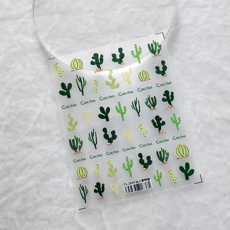 Green Plant Cute Cactus 5D Soft Embossed Relief Self Adhesive Nail Art Decoration Sticker Flower 3D Manicure Phone Decals Summer