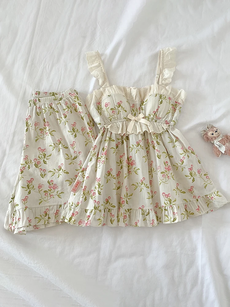 

Summer Floral Print ort Sve Spwear Set Women's Sweet Sle Home Clothes Outdoor Wearable with Chest Pad ort Pants