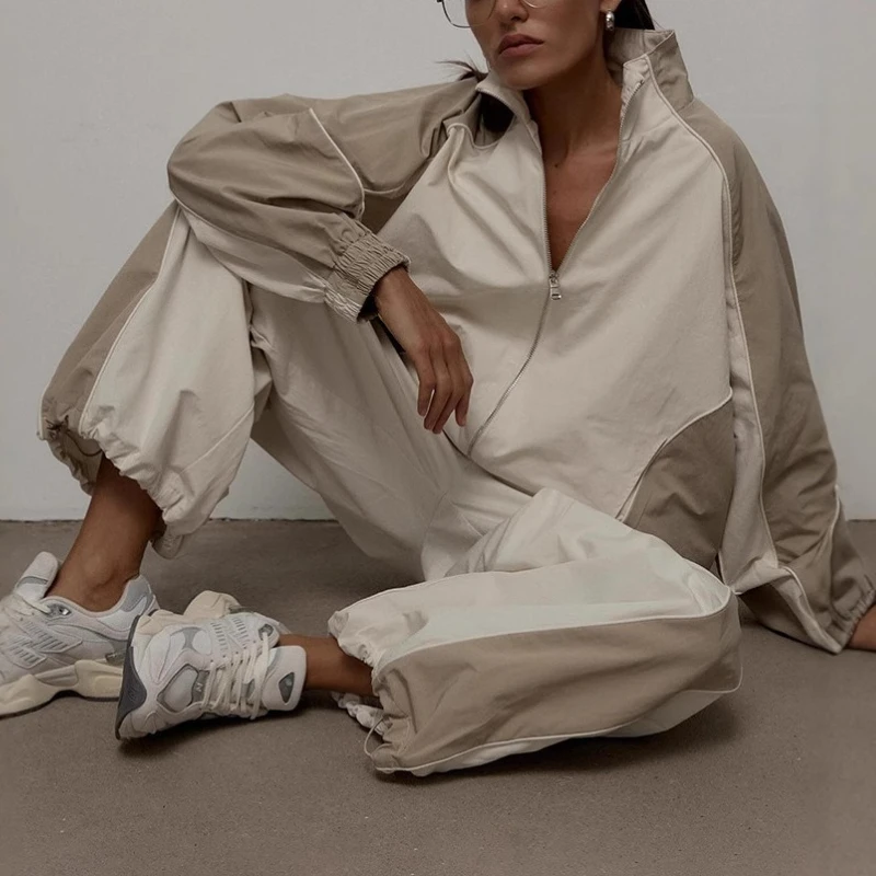 

Women Autumn/Winter Casual Long-Sleeved Hoodie Sports Suit Solid Spliced Zipper Jacket Baggy Pants Tracksuit Lady Two-Piece Set