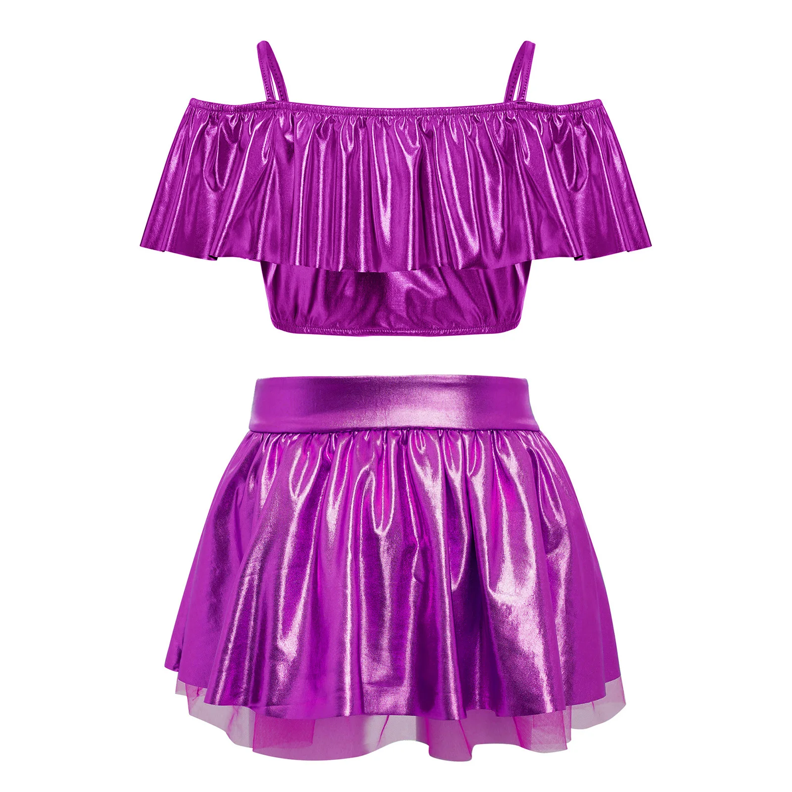 Kids Girls Metallic Shiny Jazz Dance Outfit Off Shoulder Ruffles Crop Top with Mesh Tutu Skirt Cheerleading Performance Costume