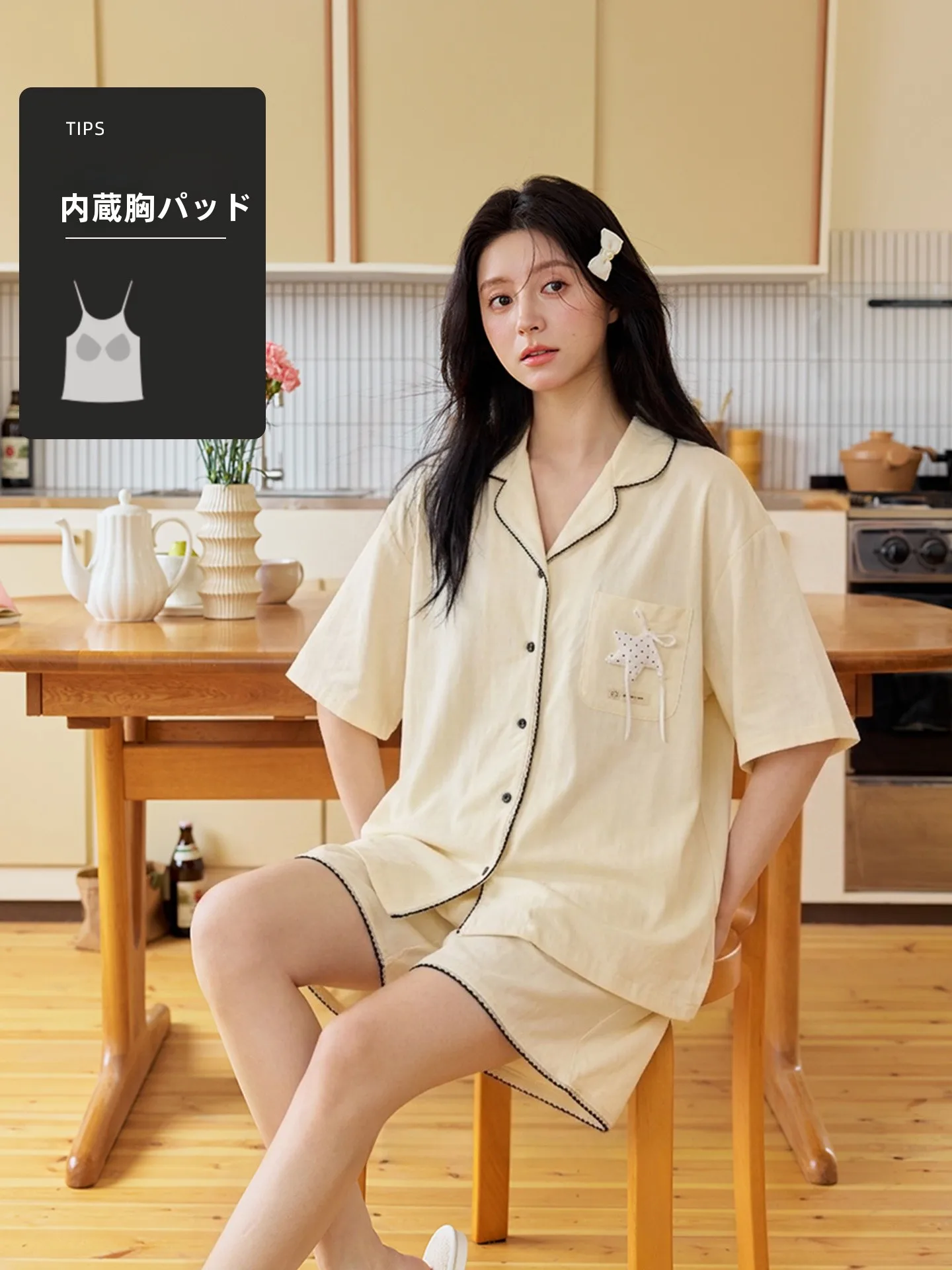 damos-love-women's-summer-cotton-pajamas-short-sleeve-short-pants-home-clothes-set-yellow-pure-cotton-wearable-nightgown