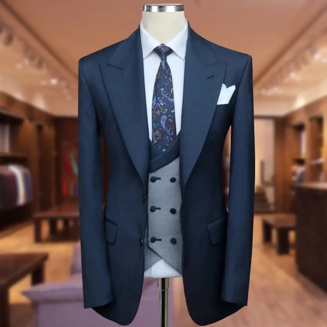 Navy blue single-breasted lapel men's suit slim-fit three-piece jacket Pants vest Wedding dress men's wear