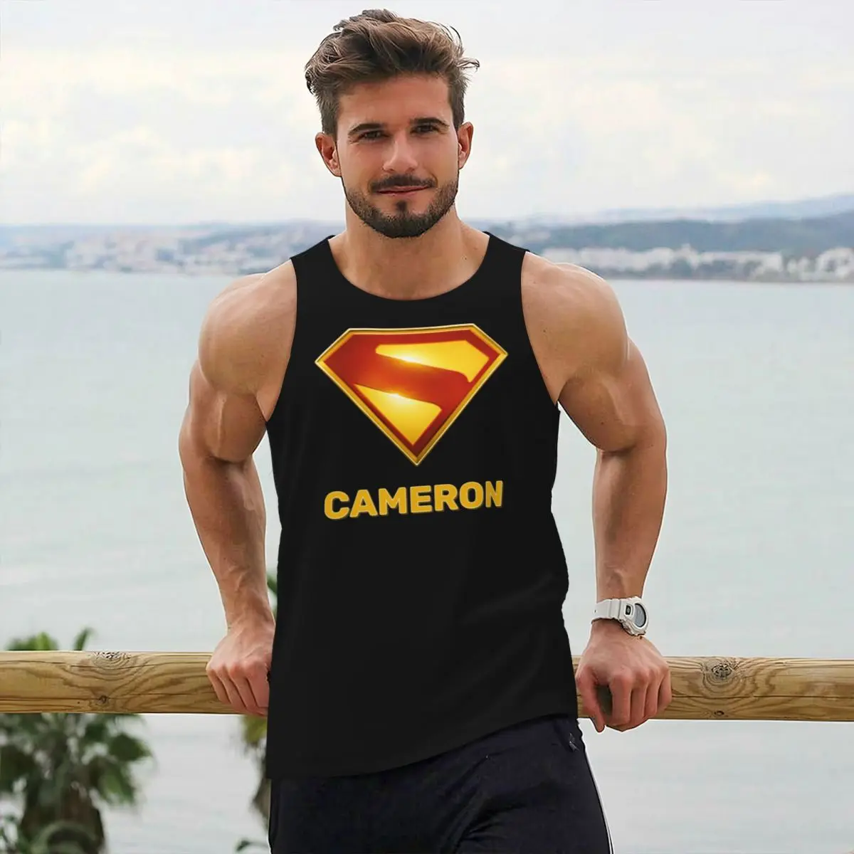 

Super-mans Golden S Shield Brilliance Printed Men Gym Clothing Fitness Sleeveless Tees Bodybuilding Tank Tops Running Gym Vests