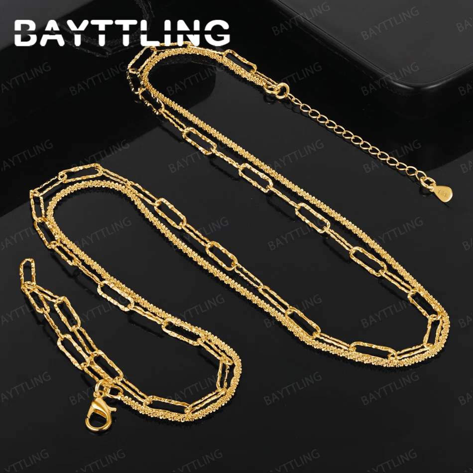 

925 Sterling Silver 18K Gold Double Fashion Chain Necklace Wedding Party Jewelry Accessories for Men and Women