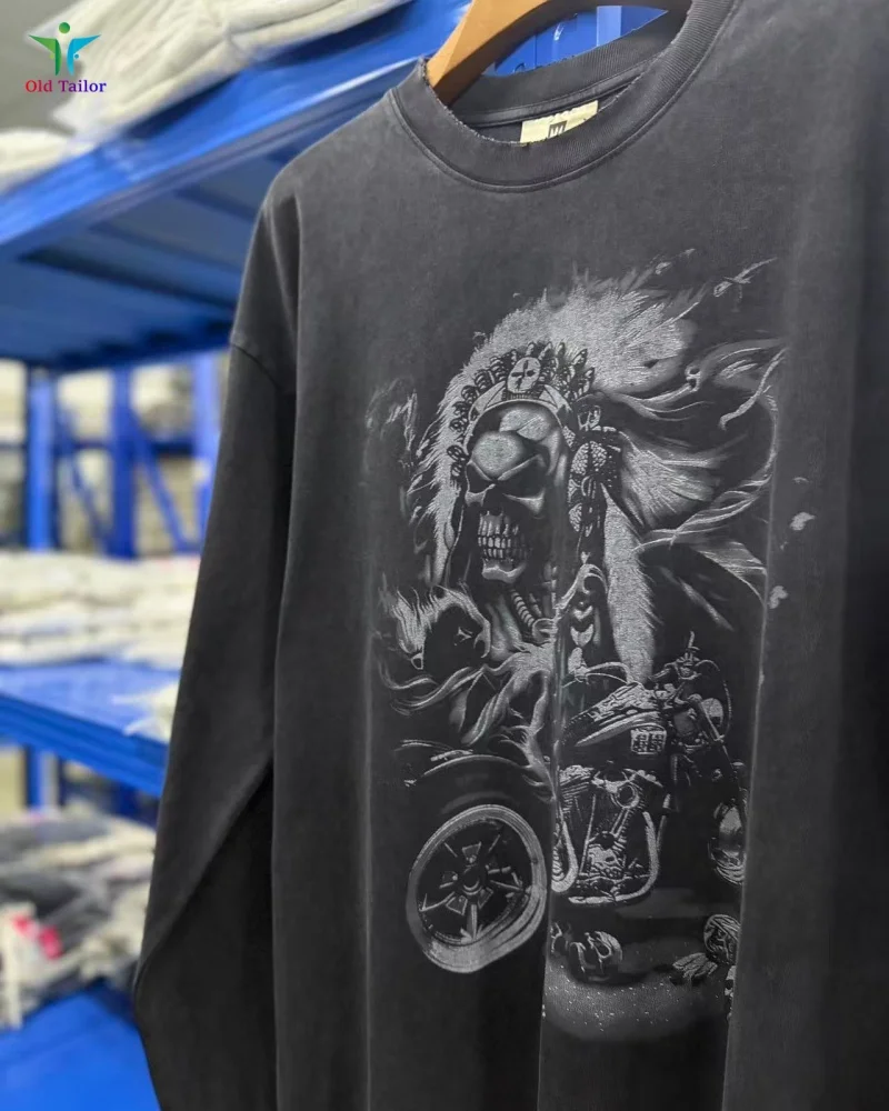 West Coast Vintage Clothing Skeleton Biker Print Washed Distressed Men's Women's Long-Sleeve T-Shirts