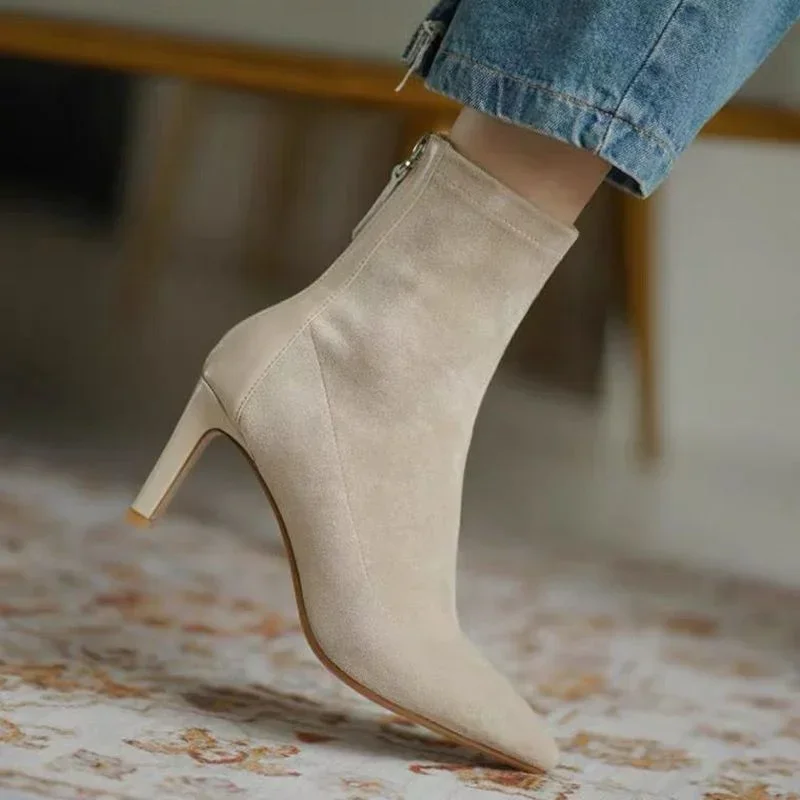 High Heel Suede Boots Women\'s Korean Style Autumn and Winter Mid Heel Stretch Thin Boots Pointed Toe Back Zip Sock Boots Women