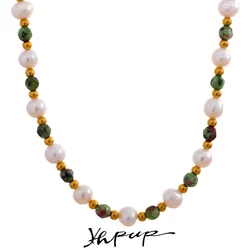 Yhpup Natural Epidote Stone Freshwater Pearls Handmade Stainless Steel Beads Collar Necklace Women's Charm Healing Jewelry Gift