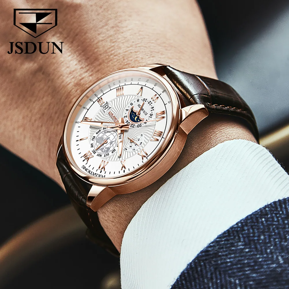 JSDUN Best Selling Leather Watches for Men High Quality Waterproof Automatic Mechanical Wrist Watch Men Casual Fashion Men Watch