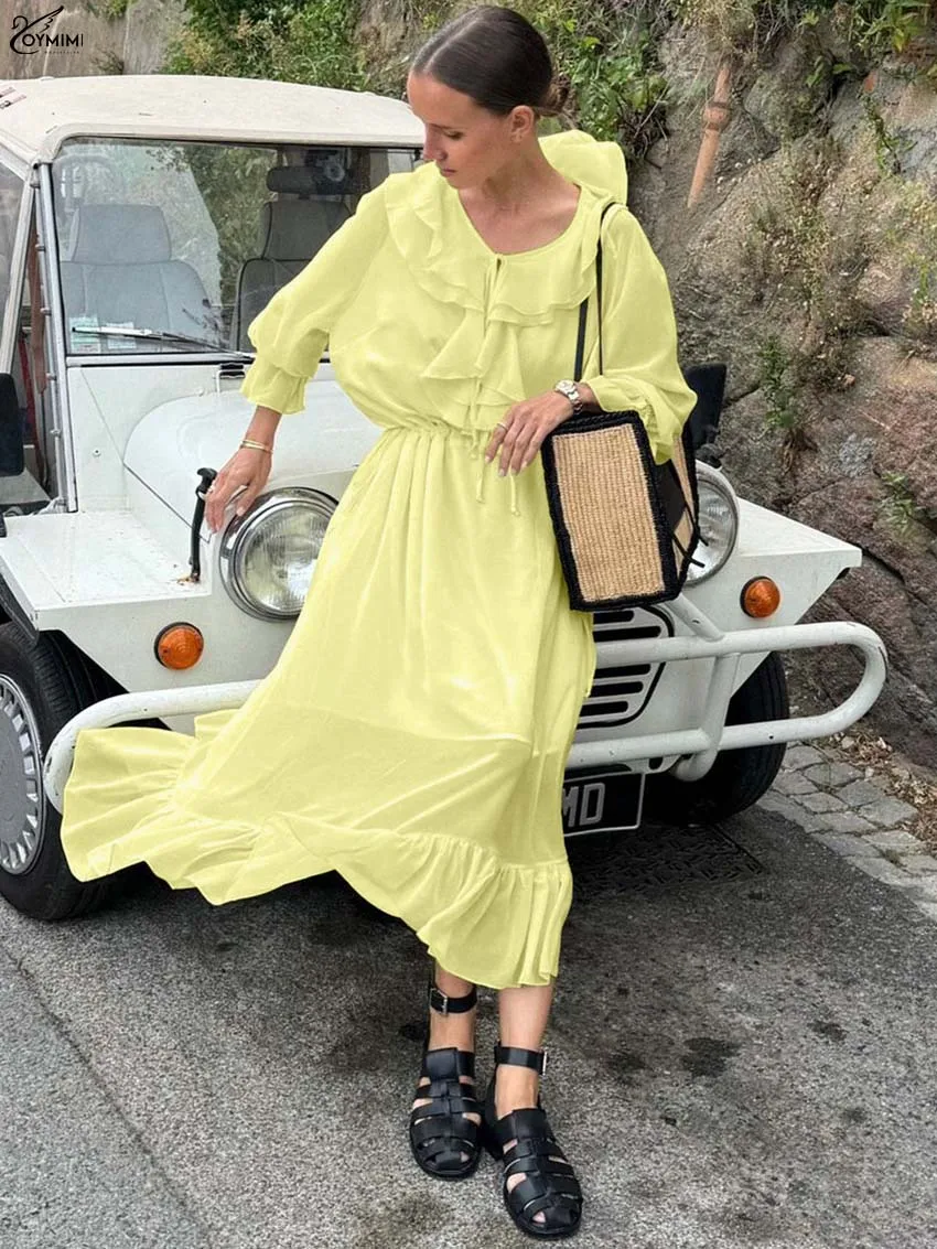 

Oymimi Elegant Yellow Ruffled Dresses 2025 Woman Fashion Three Quarter Sleeve Lace-Up Dresses Casual High Waist Mid-Calf Dress