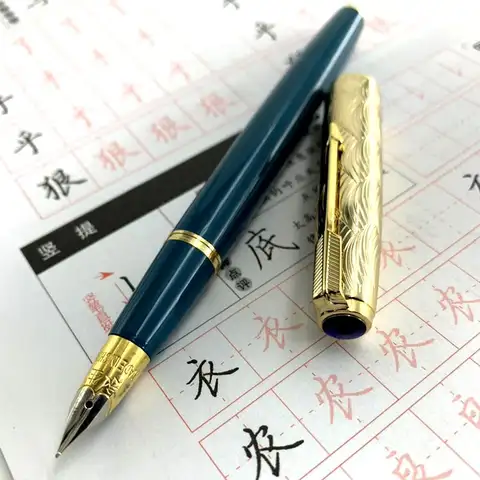 WingSung 601A Double Blue Stone Fountain Pen Gold Carving Cap Vacuum Piston F 0.5mm Iridium Wrapped Nib Writing Ink Pens Gift