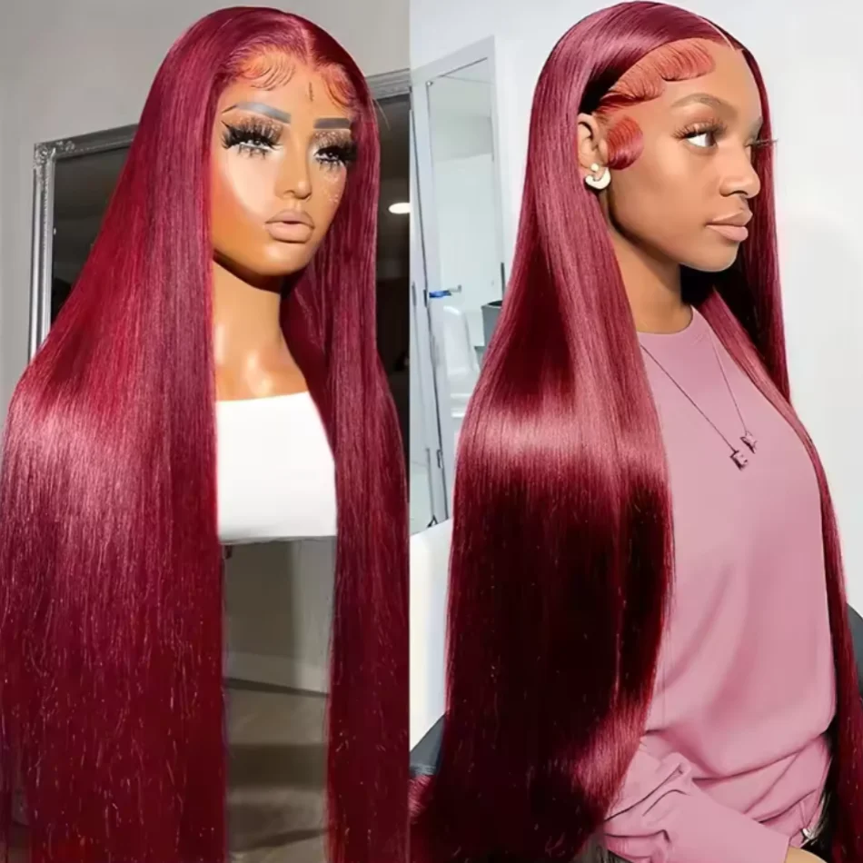 Pelucas de cabello humano con encaje Frontal de color 99J, peluca Frontal de encaje transparente liso Borgoña 13x4 HD, pelucas rojas sin pegamento para mujeres