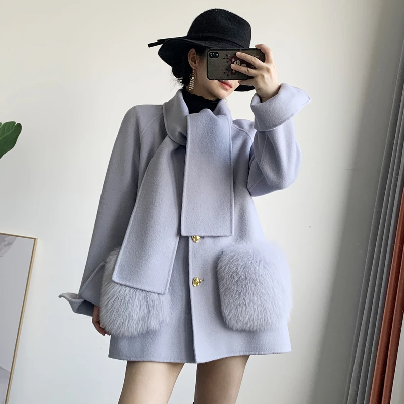 2022 High End Brand Fox Fur Pocket Double Sided Woolen Cashmere Coat Women Long Scarf Collar woolen coat