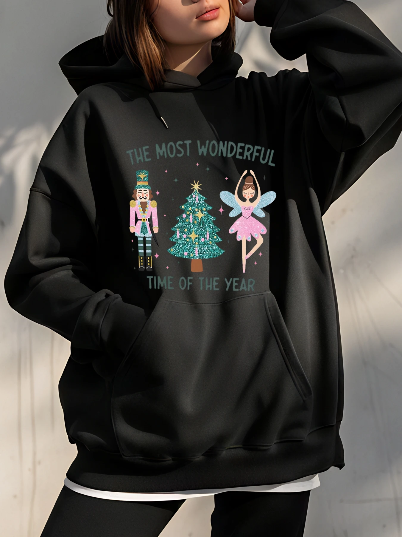 Christmas Hoodie The Most Wonderful Time of the Year Nutcracker Ballerina Tree Print Women's Casual Winter Sweatshirt