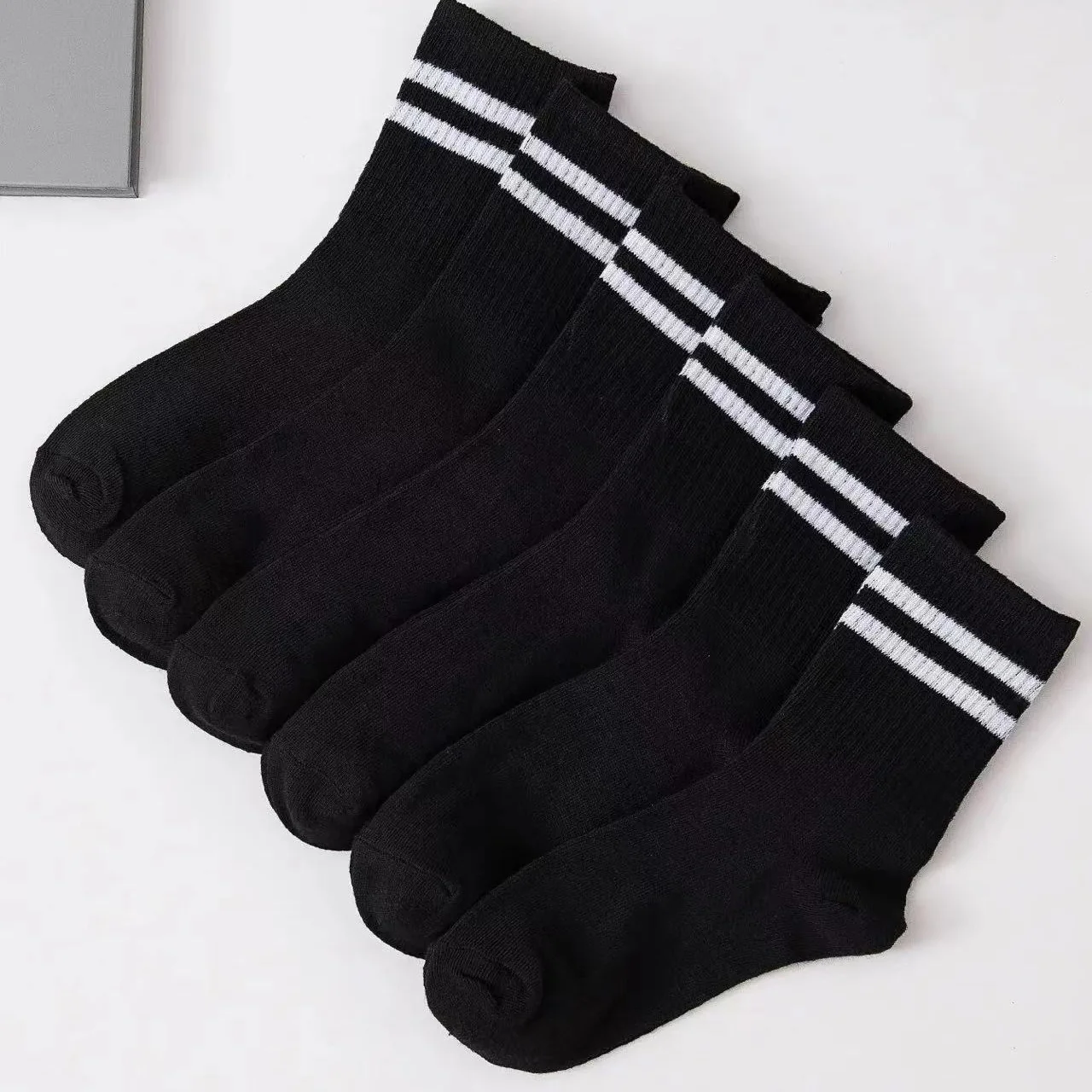 6 Pairs High Tube Mid Length Stockings Set For Men in Solid Black And White With Parallel Bars Popular and Sweat Absorption 6 Pa