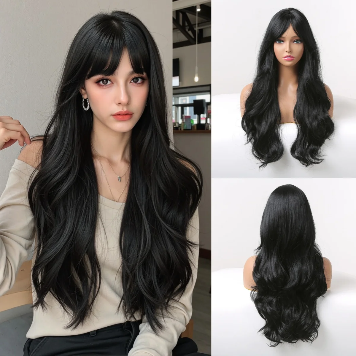 

HENRY MARGU Black Synthetic Wigs Long Body Wavy Wig with Bangs Daily Hair Heat Resistant Fiber Smooth Party Cosplay Wigs