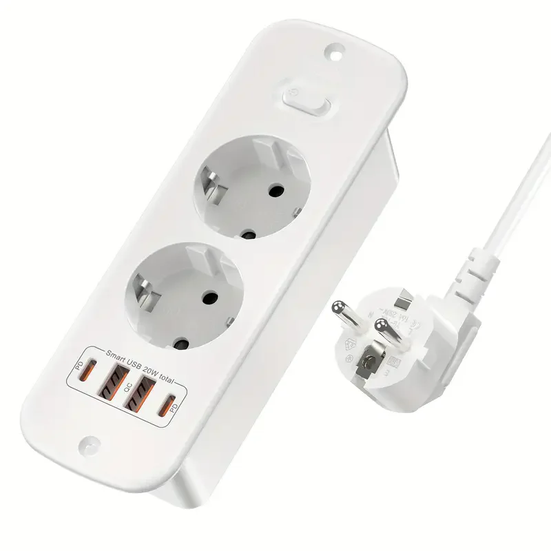 EU Plug 2M Extension Cord Power Strip 2AC 4000W 2 USB-A 2 USB-C,European Standard Plug Socket