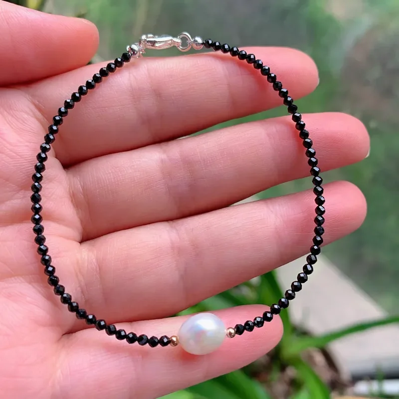 2mm Small Faceted Shining Black Obsidian Stone Bracelet White Baroque Pearl Charm Reiki Healing Jewelry Bracelets for Women