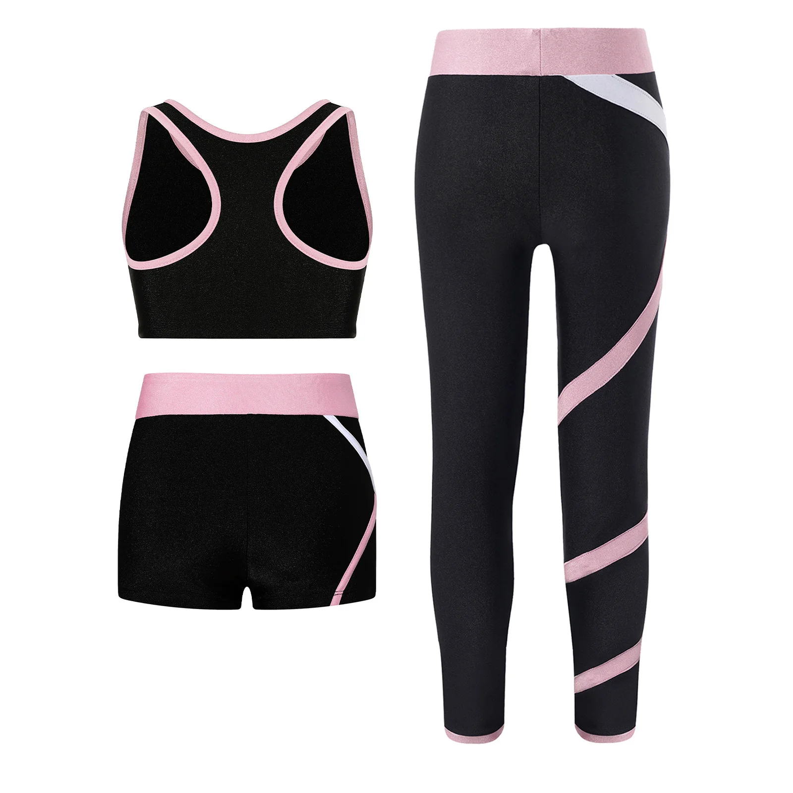 Girls Gymnastics Ballet Dance Outfit Sports Set Racer Sleeveless Crop Top Vest with Pants Shorts Fitness Suit for Cycling Hiking