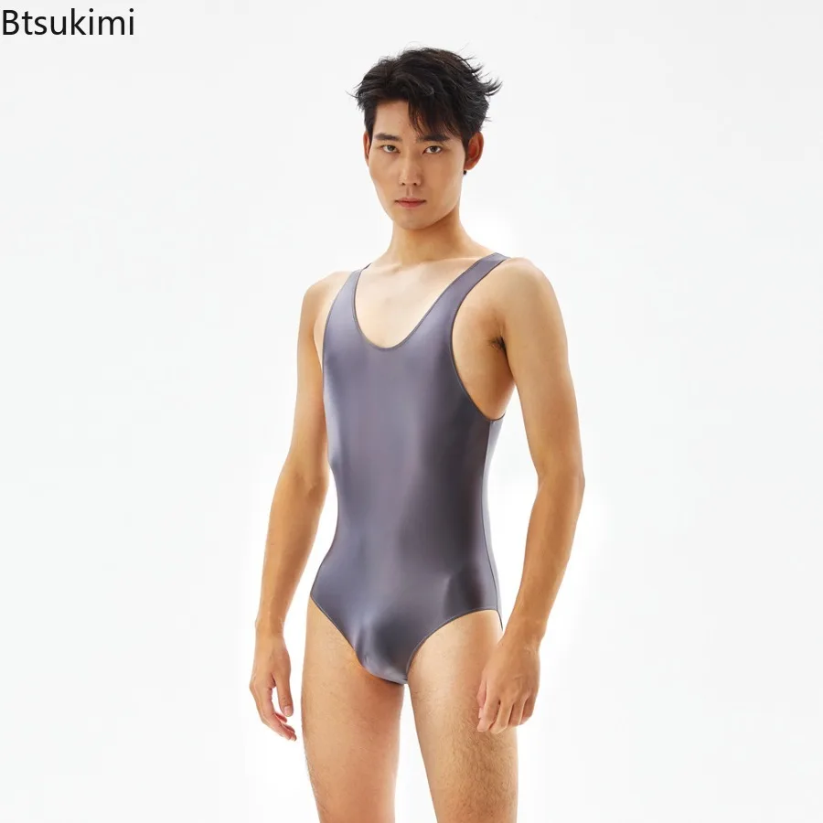 

New Men's Sexy Oil Shiny Bodysuits High Elastic Tights Slim One-piece Underwear Fashion Sleeveless Onesies Bodybuilding Jumpsuit