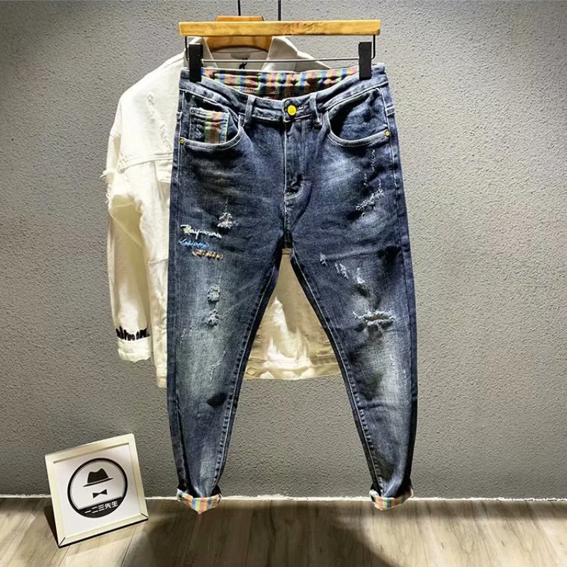 

2022 Summer Blue Distressed Patch Young Men Slim Fit Elastic Ripped Streetwear Fashion Korean Boyfriend Designer Jeans for Men