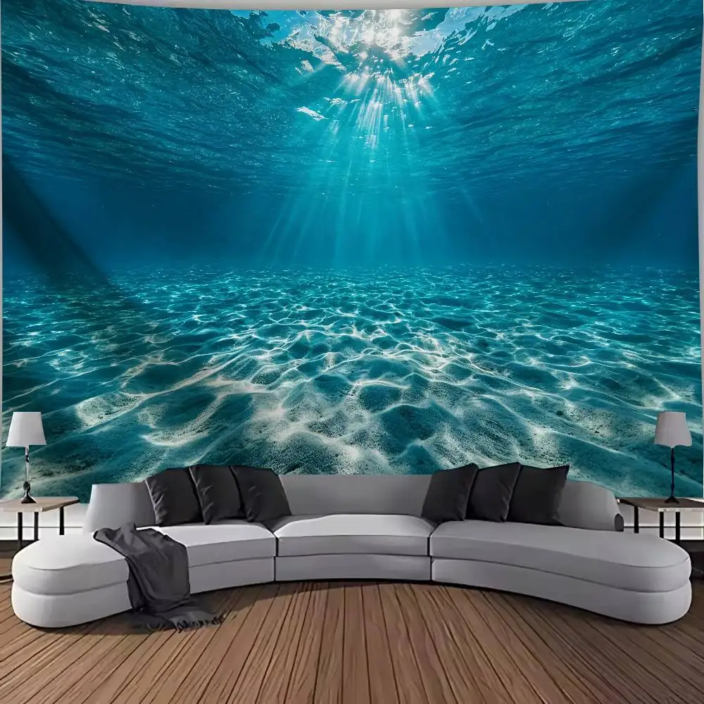 Underwater Ocean View Wall Tapestry, Sunlight Rays Through Blue Sea Water Sandy Seabed Landscape Wall Hanging, Calm Ocean Decor