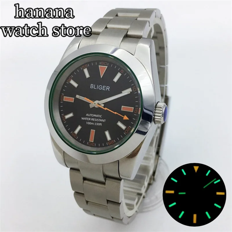 

BLIGER 39mm MILGAUSS Polished Men's Watch with Green sapphire glass black dial Lightning Hand nh35 Sport