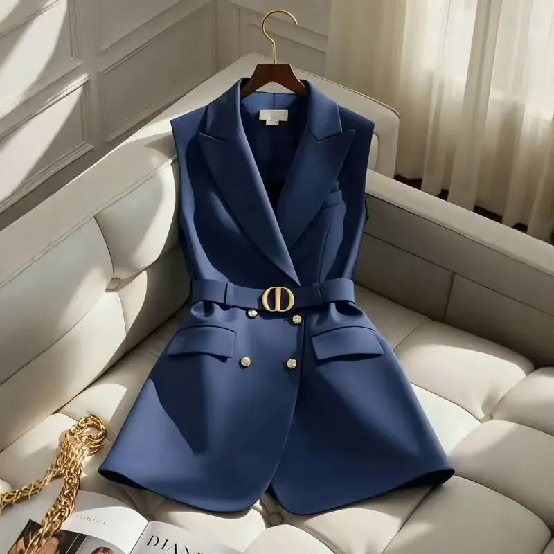 

Синие пиджаки, женские темпераментные белые куртки с зубцами, жилеты без рукавов, элегантный женский жилет, пиджаки, формальные офисные женские туфли 2025