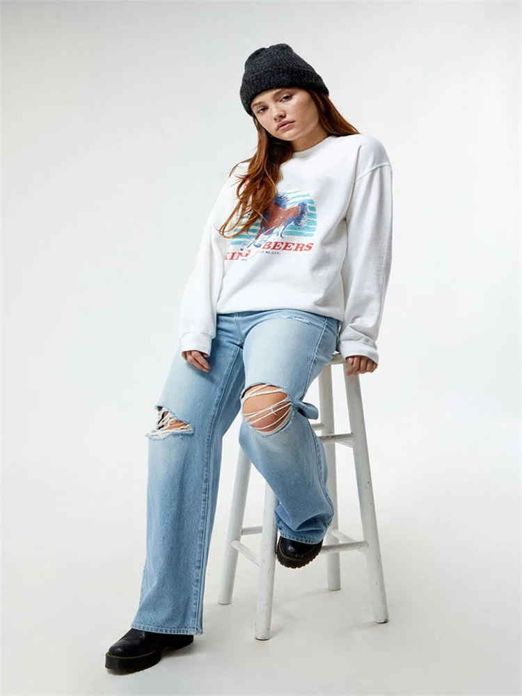 

y2k round neck pullover printed white long-sleeved sweatshirt new unisex loose and versatile retro trendy sweatshirt